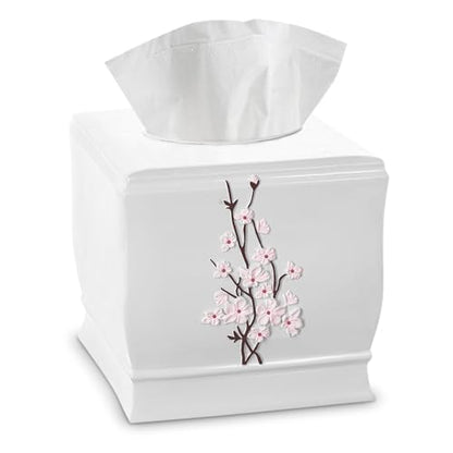 Vanda Cherry Blossom White Square Resin Tissue Box Cover with Bottom Slider - style: Square Tissue Box
