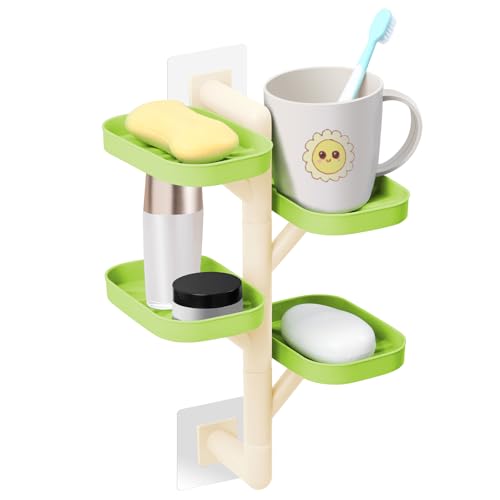Soap Holder Four Layer Wall Mounted NO-Drilling Rotatable Self-draining Removable Soap Dish for Shower Bathroom Tray,Self Draining Sponge Holder,Razor Holder (Green/Ecru) - color: Green/Ecru