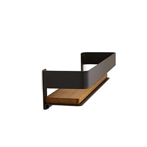 Seachrome Rectangular Shower Shelf with Rail in a Matte Black Finish and Natural Teak Wood Insert - color: Matte Black