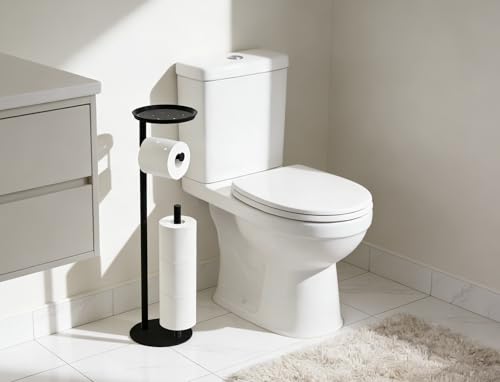 Toilet Paper Holder Black Metal Free Standing Bathroom Paper Holder Stand with Anti-Slip Base and Storage Shelf,Roll Tissue Holder Dispenser for 4 Reserve Rolls