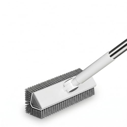 V-Shaped Floor Scrub Brush with Long Handle, Heavy-Duty Stiff Bristle Grout Cleaning Brush, 180° Rotating Tile Scrubber for Bathroom, Shower, Kitchen, Garage, Patio, Deck & Concrete Floors - color: New White Grey