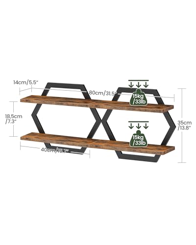 Hexagon Floating Shelves for Wall, Set of 2, 2 -Tier Hanging Shelves, Wall Mounted Storage Shelves, for Living Room, Bedroom, Kitchen, Home Office, Study, Rustic Brown and Black TBJ06P2BF - color: Rustic Brown + Black