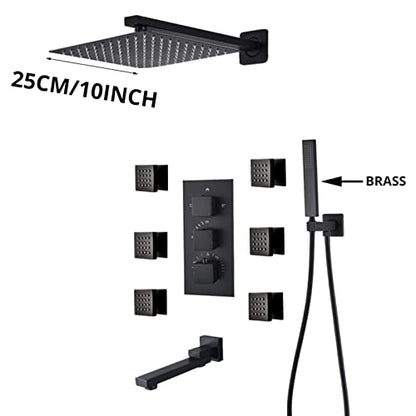 Shower System Thermostatic Concealed Shower Faucet Set Wall Mounted Matte Black Anti Scald Shower Combo Set with 6 Body Sprays with Hand Shower and Waterfall Rainfal,10 Inch - size: 10 Inch