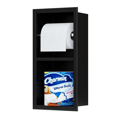 Qeke Recessed Toilet Paper Holder, Dual Rolls Tissue Toilet Holder, Black | 304 Stainless Steel, Rustproof & Durable, Space-saving, in Wall Tissue Holder for Bathroom & RV - color: Matte Black