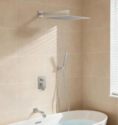 Brushed Nickel Shower System with Tub Spout, Wall Mounted Bathtub Shower Faucet Set, 12" Rainfall Shower Head and Handheld Shower Combo, High Pressure Shower Fixtures Set with Rough-in Valve - color: Brushed Nickel, style: 12" Wall Mounted Shower System w