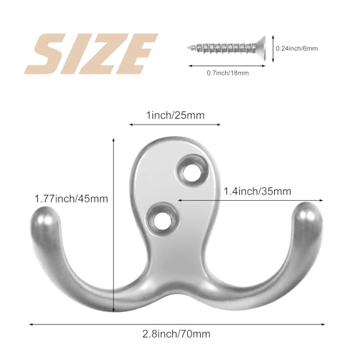 Homanu 100 Pack Coat Hooks, Heavy Duty Double Prong Coat Hooks Wall Mounted with 200 Screws, No Rust Silvery Metal Wall Hooks for Hanging Towel, Coat, Bag, Hat, Cup, Key - color: 100 Pcs Silvery
