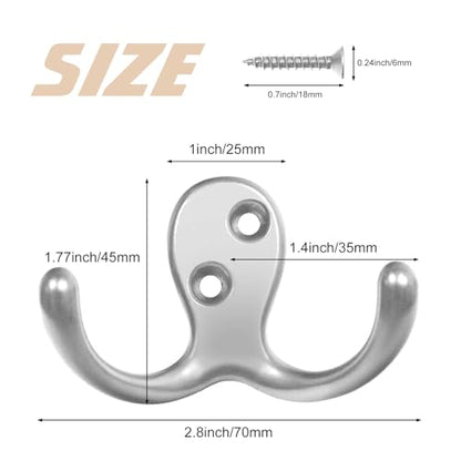 Homanu 100 Pack Coat Hooks, Heavy Duty Double Prong Coat Hooks Wall Mounted with 200 Screws, No Rust Silvery Metal Wall Hooks for Hanging Towel, Coat, Bag, Hat, Cup, Key - color: 100 Pcs Silvery