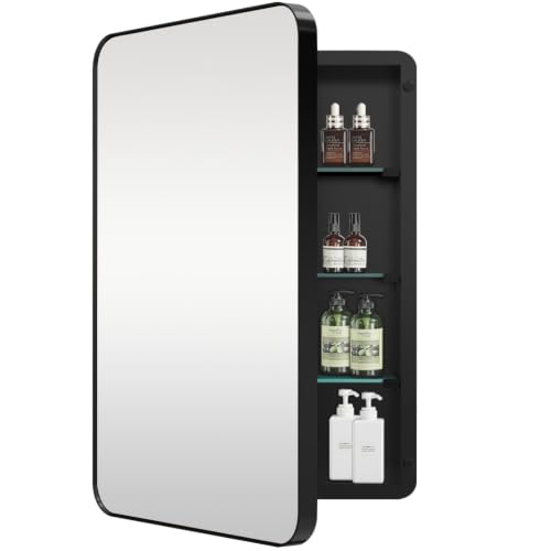 Medicine Cabinet with Mirror, 20x30 Inch Black Bathroom Mirrored Cabinet, Metal Framed Wall Cabinet with Mirror, Modern Surface Mount or Recessed Medicine Cabinet with Storage - color: Black, size: Mirror:20"x30"