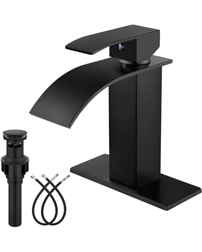 Midanya Waterfall Bathroom Faucet 1 Hole,Matte Black | with 24” Hoses,Pop Up Drain,6” Deck Plate,for 1 or 3 Hole Vanity,Lavatory,RV,Single Handle Bathroom Sink Faucet,NSF Certified - color: Black