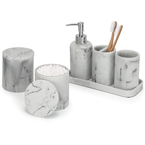 White Marble Bathroom Accessories Set 6 Pieces - Toothbrush Holder, Lotion Dispenser, Qtip Container, Vanity Tray, Tumbler - Countertop Organizer for Bathrooms - Elegant and Functional Décor Set - color: White Marble, size: 6pcs