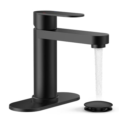 FORIOUS Bathroom Faucet 1 Hole, Single Handle Vanity Faucet Matte Black | Black Bathroom Sink Faucet with Deck Plate, Fits 1 Hole and 4-Inch 3 Hole Install, for RV Vanity Lavatory Restroom Camper - color: Matte Black