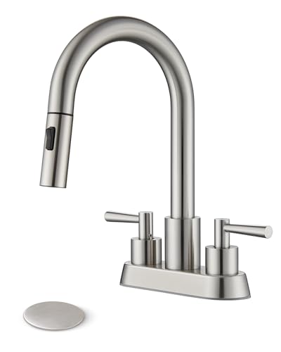 Bathroom Sink Faucet with Pull Out Sprayer - 4 Inch Lead-Free Bathroom Faucets for 3 Hole Sink, Brushed Nickel 2 Handle Vanity Sink Faucet Bathroom with Pop Up Drain