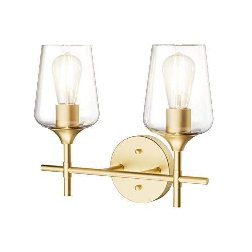 Ralbay Gold Bathroom Light Fixtures 2-Lights with Clear Glass Modern Wall Mount Lighting Industrial Farmhouse Gold Bathroom Vanity Lights Wall Sconce - color: Gold, size: 2-Light