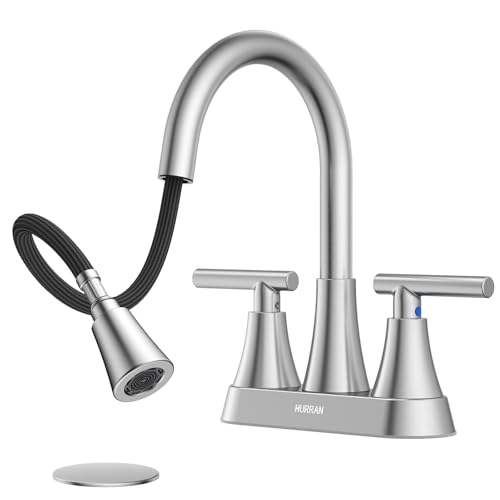 Centerset Bathroom Faucet with Pull Out Sprayer, 4 Inch 2 Handle Sink Faucet with Pop Up Drain, Stainless Steel Vanity Faucet with 2 Supply Hoses, Brushed Nickel - color: Brushed Nickel, size: 4 IN