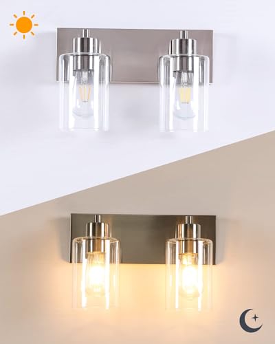 2-Light Brushed Nickel Bathroom Vanity Lights, Clear Glass | Brushed Nickel Metal Frame,Up/Down Wall Mount,cylinder Glass Shade,Kitchen Hallway Bedroom Indoor Use,Easy Install,E26 Base - size: 2-light