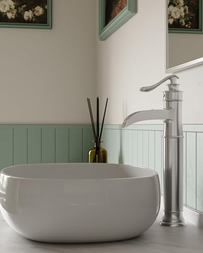 BWE Waterfall Vessel Sink Faucet Brushed Nickel Single Handle 1 Hole | Tall Bathroom Sink Faucets Commercial Mixer Tap with Supply Line and Pop Up Drain without Overflow Lavatory Vanity - color: Brushed Nickel