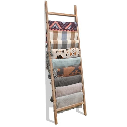 Blanket Ladder, 24 in Wide 11-Rung Wood Rustic Decor Rack | 11 rungs and 24in wide, Solid wood visible grain, Angled lean-to design, Anti-slip support, Living room and bathroom use