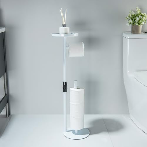 Toilet Paper Holder Stand, Bright White, Adjustable Height and Heavy, Floor Standing, Storages 4 Reserve Rolls, with Top Storage Shelf - color: Bright White