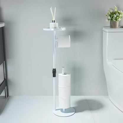 Toilet Paper Holder Stand, Bright White, Adjustable Height and Heavy, Floor Standing, Storages 4 Reserve Rolls, with Top Storage Shelf - color: Bright White