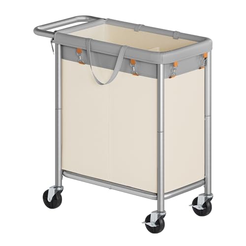 SONGMICS Laundry Basket with Wheels, 2-Section Rolling Laundry Hamper, 37 Gallons (140 L), Removable Liner, Steel Frame with Handle, 27.2 x 15.4 x 31.9 Inches, Dove Gray and Cream White URLS004GD02 - color: Dove Gray + Cream White, size: 140 L (2-Section)