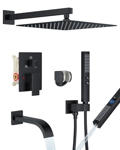 Shower System with Tub Spout, Wall Mounted Bathtub Shower Faucet Set, 12" Rainfall Shower Head and Handheld Shower Combo, High Pressure Shower Fixtures Set with Rough-in Valve, Matte Black - color: Matte Black, style: 12" Wall Mounted Shower System with T