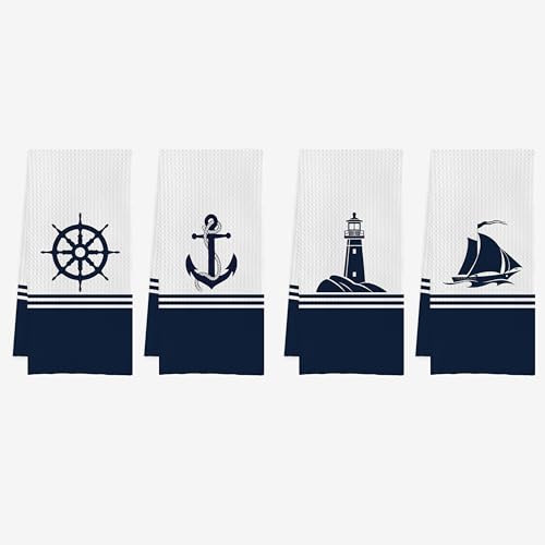 IWXYI Nautical Hand Towels,Beach Kitchen Towel,Beach Nautical Anchor Waffle Weave Kitchen Dish Towels Set,lAnchor Hand Towels Dish Cloths for Bathroom(16×24 Inches Set of 4) - color: Beach 4towel