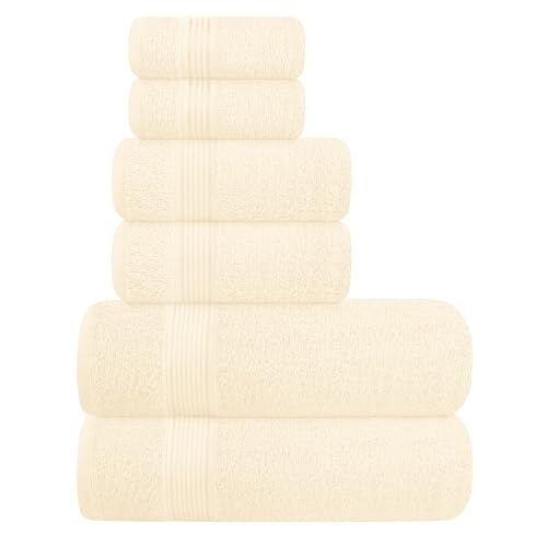 Ultra Soft 6 Pack Cotton Towel Set, Contains 2 Bath Towels 28x55 inch, 2 Hand Towels 16x24 inch & 2 Wash Coths 12x12 inch, Ideal for Everyday use, Compact & Lightweight - Ivory - color: Ivory
