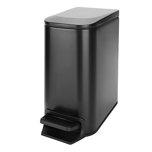 Cesun Small Bathroom Trash Can with Lid, 1.6 Gal, Soft Close, Matte Black | Step pedal soft close, Slim 5.9in fits narrow spaces, Stainless steel, Anti-fingerprint, Removable inner bucket, Odor seal - color: Matte Black