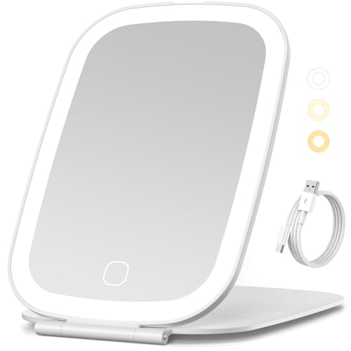 NEZZOE Rechargeable Travel Makeup Mirror with LED Light, 7x5 Inch | Portable Lighted Makeup Mirror, 3 Lighting Modes, Dimmable Touch Control, Foldable Compact Vanity Mirror - color: 7"x5"-white