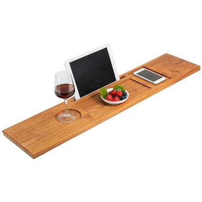 VaeFae Teak Wood Bathtub Tray Table with Wine and iPad Holder | Thoughtful design, Luxury experience, Smooth Surface, Multi-Slot Layout - size: 34.3" x 7.8" x 0.8"