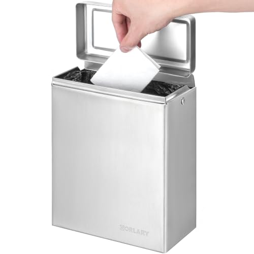 Gorlary Wall Mounted Sanitary Napkin Receptacle Tampon Holder, Silver | Garbage Can for Bathroom, Odor-Control Design, Ideal for Home Office, Space-Saving Wall Mount (Stainless Steel)