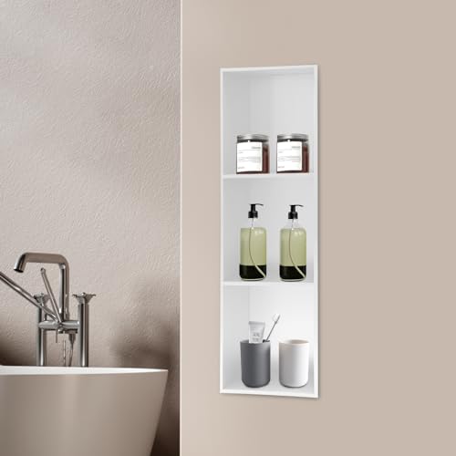 Recessed Shower Storage Shelf, 3-Tier Stainless Steel Niche Brushed Nickel, No Tiles Required, 35.4" H X 11" L Vertical Bathroom Storage Rack for Shampoo Soap (White) - color: White