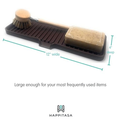Silicone Soap Dish Tray and Sponge Holder with Drain Chute, Rectangular, Kitchen and Bathroom Sink Organizer (Dark Chocolate, 12"x4") - color: Dark Chocolate, size: (LG) 12"x4"