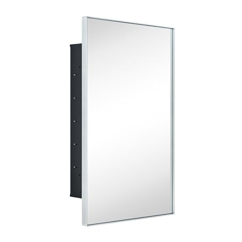 TEHOME Recessed Mount 16x26'' Squared Rectangle Silver Bathroom Medicine Cabinet with Mirror Silver Metal Framed Rectanglular Medicine Cabinet 2 Adjustable Glass Shelves - color: Sliver