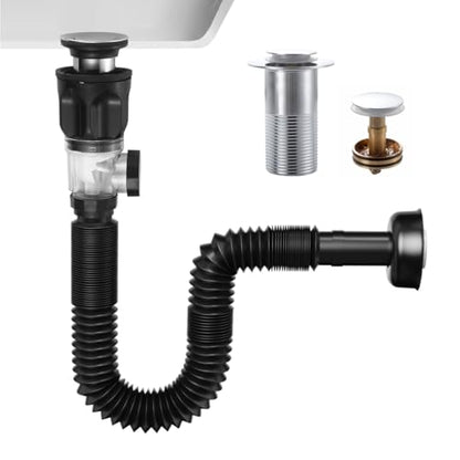 Bathroom Sink Drain Kits with Flexible Expandable P-Trap Sink Drain Pipe, Fits 1-1/4",1-1/2"and 2" Holes,Chrome - color: Chrome, style: No Overflow