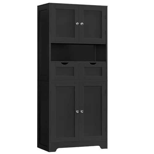 Iwell 57.8" H Tall Storage Cabinet with 2 Drawers & 2 Adjustable Shelves, Kitchen Cabinet with 4 Doors, Tall Cabinet for Living Room, Dining Room, Entryway, Black - color: Black-4 Shelves