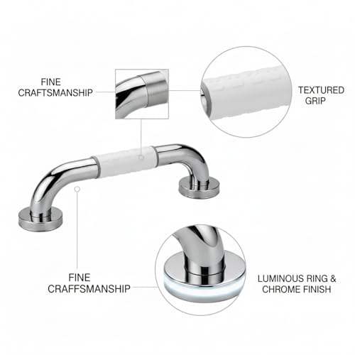 Stainless Steel Shower Grab Bar with Luminous Ring, Textured Non-Slip Bathroom Rail, 11.8 Inch White