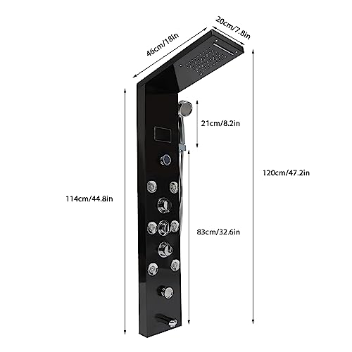 Black LED Shower Panel Tower System with 8 Massage Body Jets, Stainless Steel 6 IN 1 Shower Tower with Rainfall Waterfall Shower Head and Handheld, Multi-Function Bathroom Shower Panel
