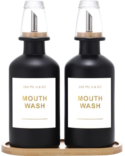 11.8OZ Glass Mouthwash Dispenser, Set of 2, Black | Stainless Steel & Bamboo Nozzle, Reusable Mouthwash Cup, Bamboo Tray, Elegant Gold Sticker - color: Black/350*2