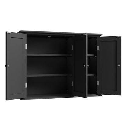 ChooChoo Laundry Cabinet with 3 Doors and Adjustable Shelves | 9.06"D x 31.1"W x 24"H, Bathroom Wall Cabinet, Cupboard, Black - color: Black, size: 9.06"D x 31.1"W x 23.4"H