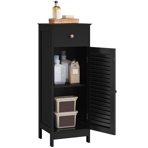 Yaheetech Small Bathroom Storage Cabinet with Drawer & Louvered Door, Black | Slim Free Standing Floor Cabinet Organizer by a Pedestal Sink or Toilet, Hides Tissue and Towels, Shelf inside, MDF Build - color: Black