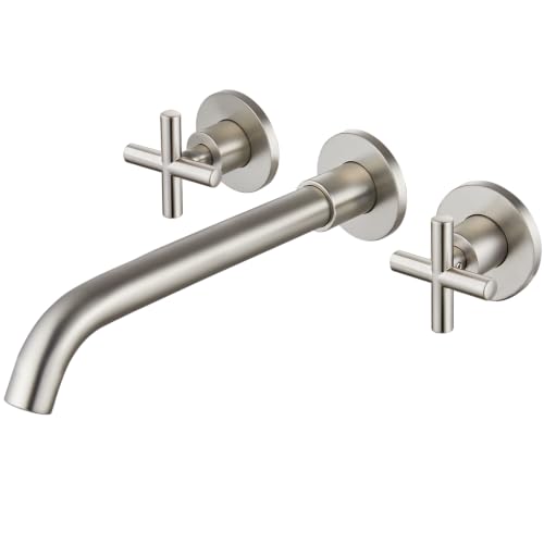 Midanya Wall Mount Bathroom Faucet 3 Hole 2 Cross Handle,Brushed Nickel | SUS304 Stainless Steel,Rough-in Valve Included,360° Swivel Spout,for Bathroom Sink,Vanity - color: Brushed Nickel