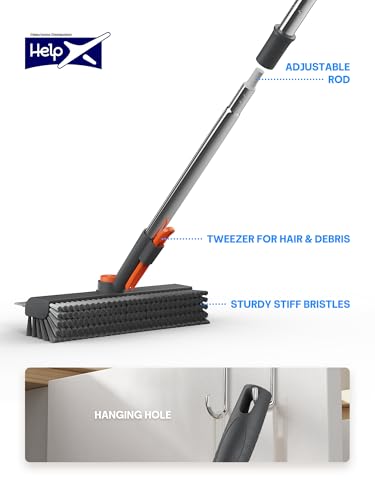 Floor Scrub Brush with Long Handle & Squeegee, 3 in 1 Floor Scrubber | Stiff Dual-side Bristle, 360° Swivel Head with Tweezer, for Cleaning Tile Wall Deck Bathroom Patio Garage Pool Kitchen (Gray) - color: Gray