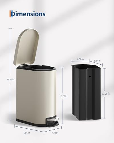 Garvee 2.6 gal / 10 L Metal Bathroom Trash Can with Lid, Slim Waterproof Garbage Can for Bedroom, Small Step-on Trash Bin with Inner Bucket, Rear Handle, Soft Close Lid, Sand Beige - color: Sand Beige, size: 2.6 Gallons