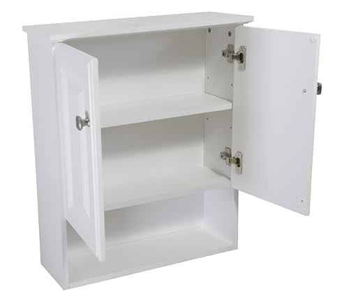 Design House Wyndham Wall Cabinet, 2 Doors, 1 Adjustable Interior Shelf, Bottom Display Shelf, Satin Nickel Hardware, Easy Assembly, Bath Cabinet, White, 8 in L x 22 in W x 26 in H, 597310 | Adjustable Shelves, Adjustable Hinges, Wall Mount, Traditional,