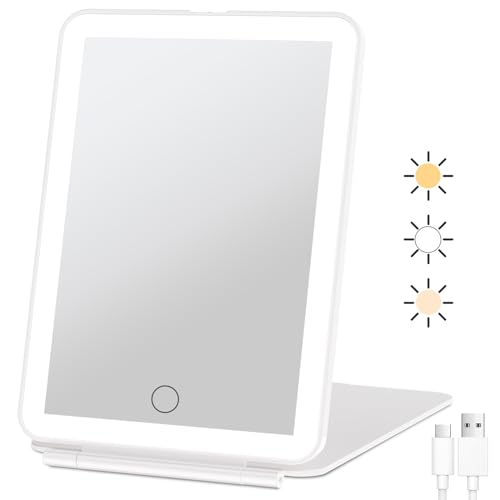 FUNTOUCH Rechargeable Travel Makeup Mirror with 72 Led Lights | Portable Lighted Beauty Mirror, 3 Color Lighting, Dimmable Touch Screen, Tabletop LED Folding Cosmetic Vanity Mirror - color: White