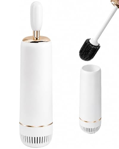 Toilet Brush Set, Dense Nylon Bristles, Wall Mount, Non-Scratch, White Gold | 16.5" Handle | Splash-Proof | Odor-Locking Lid | Ventilated Base | Hideaway Brush Head | Thick ABS | 2 Adhesive - color: White Gold