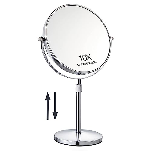 17" Tall Tabletop Magnifying Makeup Mirror Height Adjustable Vanity Mirror 1X/10X Magnification, 8" Large Double-Sided 360° Swivel Classic Round Desktop Make Up Mirror for Bathroom & Bedroom, No Light - color: Silver-8in-height Adjustable
