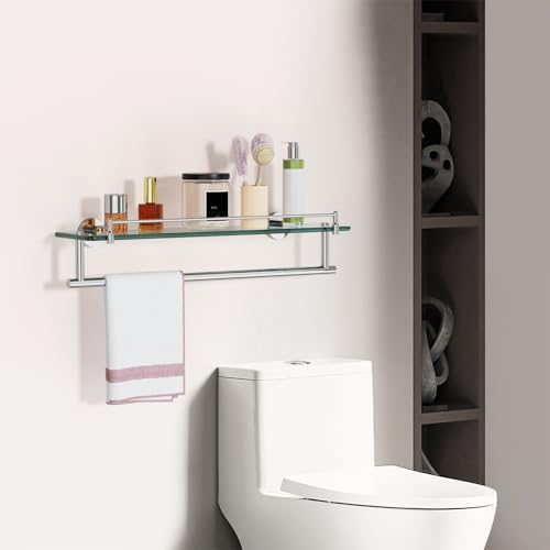 20-Inch Floating Tempered Glass Bathroom Shelf with Towel Bar - Chrome Polished & Stainless Steel, Wall Mount - color: Chrome Polished, size: 20-inch with Railing