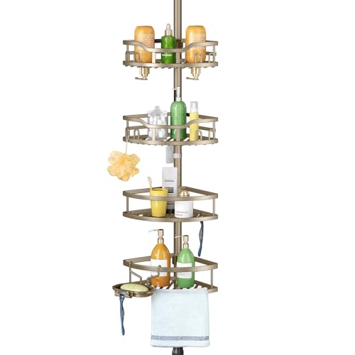 HAMITOR Corner Shower Caddy Tension Pole: Rustproof 4-Tier Bathroom Organizer Shelves for Bathtub Shampoo Storage - 47-121 Inch Quick Install Adjustable Rod Standing Rack with Soap Rack -Tan Khaki - color: Tan Khaki
